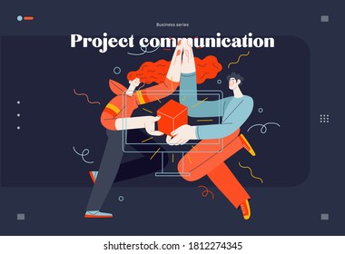 Business topics - project communication, web template. Flat style modern outlined vector concept illustration. A young man and woman giving five, holding a box together. Business metaphor.