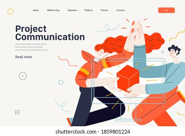 Business topics - project communication, web template. Flat style modern outlined vector concept illustration. A young man and woman giving five, holding a box together. Business metaphor.