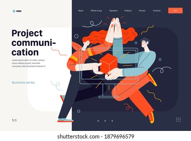 Business topics - project communication, web template. Flat style modern outlined vector concept illustration. A young man and woman giving five, holding a box together. Business metaphor.