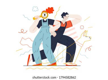 Business topics - search. Flat style modern outlined vector concept illustration. Young man looking forward and a woman with a magnifying glass looking through it. Business metaphor.