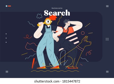 Business topics -search, web template, header. Flat style modern outlined vector concept illustration. Young man looking forward and a woman with magnifying glass looking through it. Business metaphor