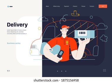 Business topics - shipping, web template. Flat style modern outlined vector concept illustration. A young man, delivery guy holding a parcel with barcode. Delivery truck behind. Business metaphor.