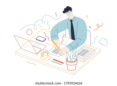 Temas de negocios - tareas. Ilustración de concepto de vector con un diseño plano. Un joven con corbata sentado en la oficina, llenando la lista de tareas. Metáfora comercial.