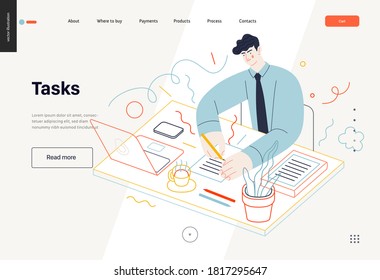 Business topics -tasks, web template, header. Flat style modern outlined vector concept illustration. Young man wearing a tie sitting at the office desk filling in the list of tasks. Business metaphor