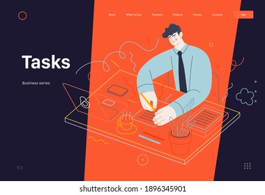 Business topics -tasks, web template, header. Flat style modern outlined vector concept illustration. Young man wearing a tie sitting at the office desk filling in the list of tasks. Business metaphor