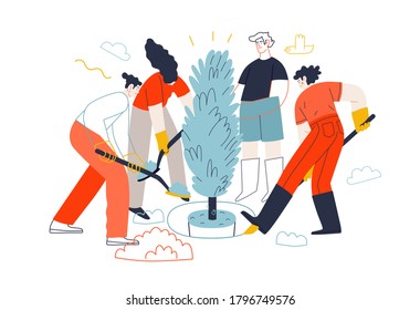 Business topics - teamwork. Flat style modern outlined vector concept illustration. A group of people working together with spades, digging the ground, planting a tree. Business metaphor.