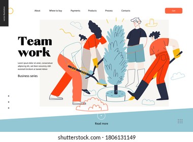 Business topics -teamwork, web template header. Flat style modern outlined vector concept illustration. Group of people working together with spades digging the ground planting tree. Business metaphor