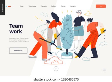 Business topics -teamwork, web template header. Flat style modern outlined vector concept illustration. Group of people working together with spades digging the ground planting tree. Business metaphor