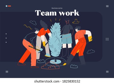 Business topics -teamwork, web template header. Flat style modern outlined vector concept illustration. Group of people working together with spades digging the ground planting tree. Business metaphor