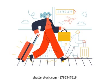 Business topics - business trip. Flat style modern outlined vector concept illustration. A young woman with a suitcase walking on the moving walkway in the airport. Business metaphor.