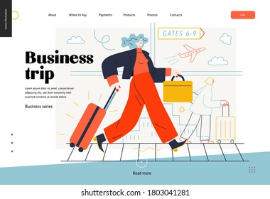 Business topics -business trip, web template, header. Flat style modern outlined vector concept illustration. Young woman with suitcase walking by the moving walkway in the airport. Business metaphor.