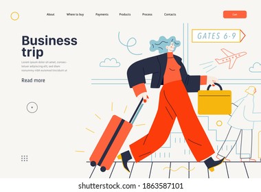 Business topics -business trip, web template, header. Flat style modern outlined vector concept illustration. Young woman with suitcase walking by the moving walkway in the airport. Business metaphor.