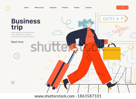 Business topics -business trip, web template, header. Flat style modern outlined vector concept illustration. Young woman with suitcase walking by the moving walkway in the airport. Business metaphor.
