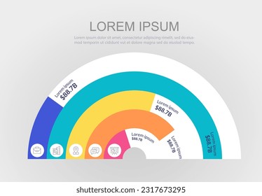 Business total revenue semicircle infographic design template. Corporate expenditures. Editable concentric chart with numbers. Visual data presentation. Myriad-Pro, Arial, Lato fonts used