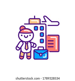 Business tourism line color icon. Cute girl on a work trip kawaii pictogram. Sign for web page, mobile app, button, logo. Vector isolated element. Editable stroke