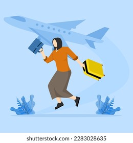 Business or tourism travel concept, work on the go. A businesswoman or entrepreneur carrying a suitcase rushes to the plane that is about to depart. Modern flat vector illustration for banners, poster