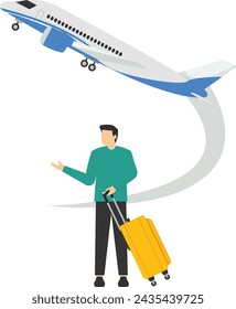 Business or tourism travel concept, work on the go. A businesswoman or entrepreneur carrying a suitcase rushes to the plane that is about to depart. Modern flat vector illustration for banners, poster