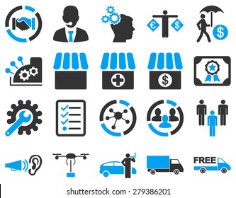 Business, trade, shipment icons. These flat bicolor symbols use modern corporate light blue and gray colors. Images are isolated on a white background. Angles are rounded.