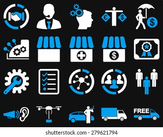 Business, trade, shipment icons. These flat bicolor symbols use  light blue and white colors. Images are isolated on a black background. Angles are rounded.