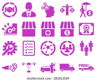 Business, trade, shipment icons. These flat symbols use violet color. Images are isolated on a white background. Angles are rounded.