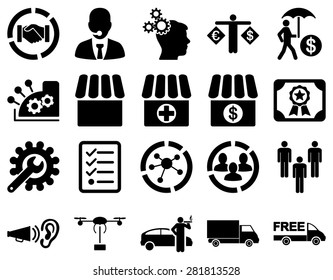 Business, trade, shipment icons. These flat symbols use black color. Images are isolated on a white background. Angles are rounded.