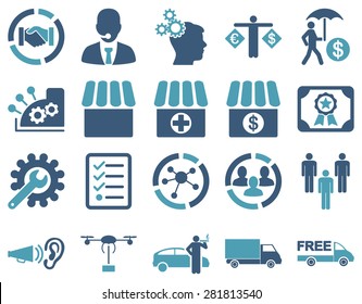 Business, trade, shipment icons. These flat bicolor symbols use cyan and blue colors. Images are isolated on a white background. Angles are rounded.