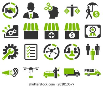 Business, trade, shipment icons. These flat bicolor symbols use eco green and gray colors. Images are isolated on a white background. Angles are rounded.