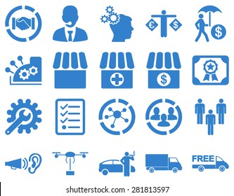 Business, trade, shipment icons. These flat symbols use cobalt color. Images are isolated on a white background. Angles are rounded.