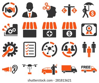 Business, trade, shipment icons. These flat bicolor symbols use orange and gray colors. Images are isolated on a white background. Angles are rounded.