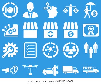 Business, trade, shipment icons. These flat symbols use white color. Images are isolated on a blue background. Angles are rounded.