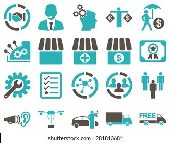 Business, trade, shipment icons. These flat bicolor symbols use grey and cyan colors. Images are isolated on a white background. Angles are rounded.