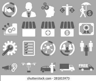 Business, trade, shipment icons. These flat symbols use white color. Images are isolated on a gray background. Angles are rounded.