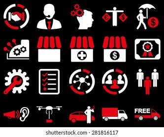 Business, trade, shipment icons. These flat bicolor symbols use red and white colors. Images are isolated on a black background. Angles are rounded.