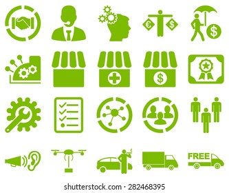 Business, trade, shipment icons. These flat symbols use eco green color. Images are isolated on a white background. Angles are rounded.