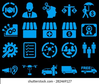 Business, trade, shipment icons. These flat symbols use blue color. Images are isolated on a black background. Angles are rounded.