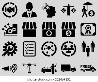 Business, trade, shipment icons. These flat symbols use black color. Images are isolated on a light gray background. Angles are rounded.