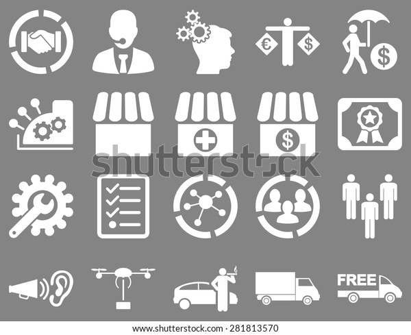 Business, trade, shipment icons. These flat\
symbols use white color. Images are isolated on a gray background.\
Angles are rounded.