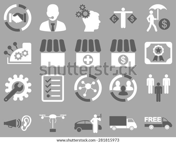 Business, trade, shipment icons. These flat
symbols use white color. Images are isolated on a gray background.
Angles are rounded.