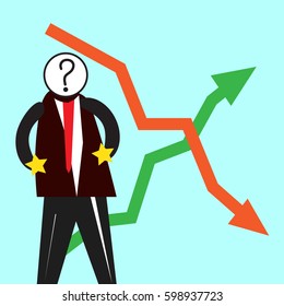 The Business Trade. The solution of the problem person. The scale of the chart rise and fall. Vector illustration.