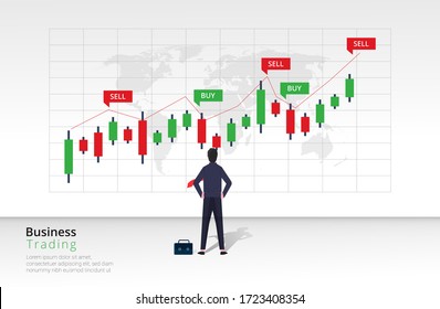 Business trading design concept. Businessman character view and analyze bar chart investment. Buy and sell indicators on the candlestick chart graphic design.