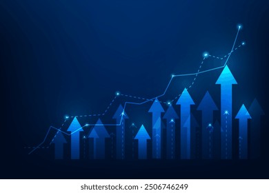 Negocio Comercio Gráfico del mercado de valores Inversión Crecimiento Tecnología Antecedentes. Arrow Up y beneficio Dinero Economía Gráfico Aumentar. Ilustración vectorial Tecnología fantástica.