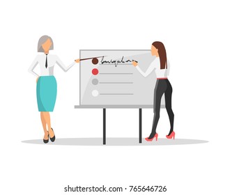 Business train and two women, one of them pointing on whiteboar and other is writing list on it, on vector illustration isolated on white