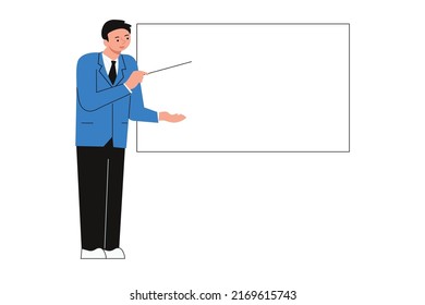 Business trainer or coacher pointing at the presentation board. Seminar or training lecturer isolated on white background. Flat Art Vector Illustration.