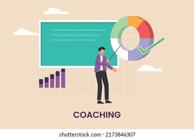 Business Trainer Coaching über Geschäftsstrategie. Konzept der beruflichen Aus- und Weiterbildung. Flache Vektorgrafik einzeln.