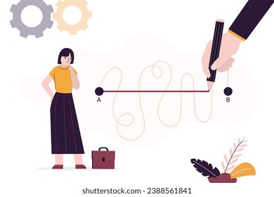 Business trainer or mentor with pencil draws shortcut way from A to B and help businesswoman. Strategy to achieve goals, finding workarounds to complete project quickly, planning to overcome obstacles