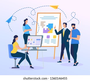Business Trainer Presentation of Colorful Puzzle Pieces on Flip Board. People Work on Team Building. Creation of Successful Project. Men and Women Characters Working Together. Flat Vector Illustration