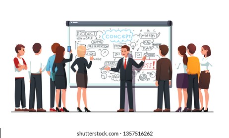 Business trainer teacher explaining product development process, marketing & strategy on big whiteboard pointing on hand drawn diagram. Student group listening coach workshop. Flat vector illustration