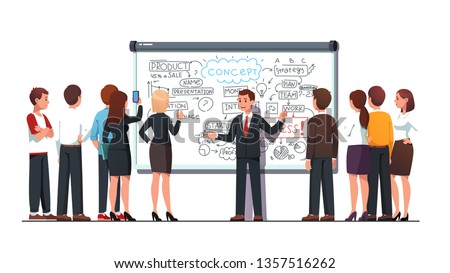 Business trainer teacher explaining product development process, marketing & strategy on big whiteboard pointing on hand drawn diagram. Student group listening coach workshop. Flat vector illustration