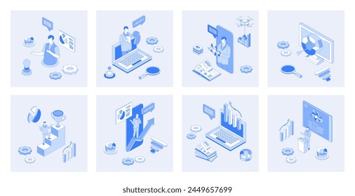 Business training 3d isometric concept set with isometric icons design for web. Collection of businessmans at video seminars, job coaching, consulting lectures, online workshop. Vector illustration