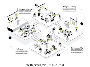 Concepto isométrico 3D de formación empresarial en diseño esquemático para el Web. Personas de aprendizaje en salas de isometría en coaching empresarial, sala de conferencias, clase de presentación docente. Ilustración vectorial.